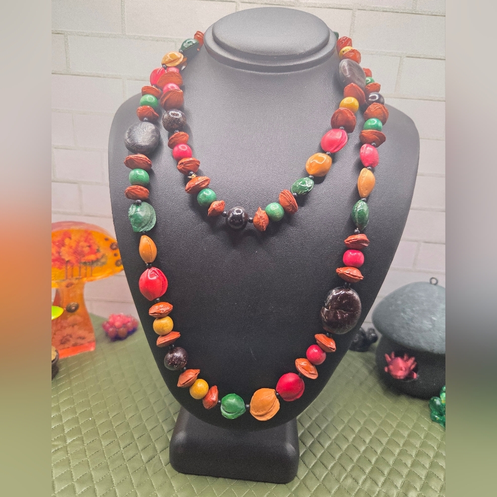 1014. Vintage Painted Seed And Nut Pod Necklace